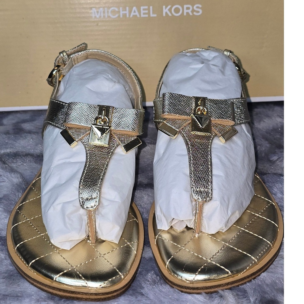 NWB Michael Kors Alice Thong Metallic Gold Leather Sandals Women's 5 - Picture 2 of 8